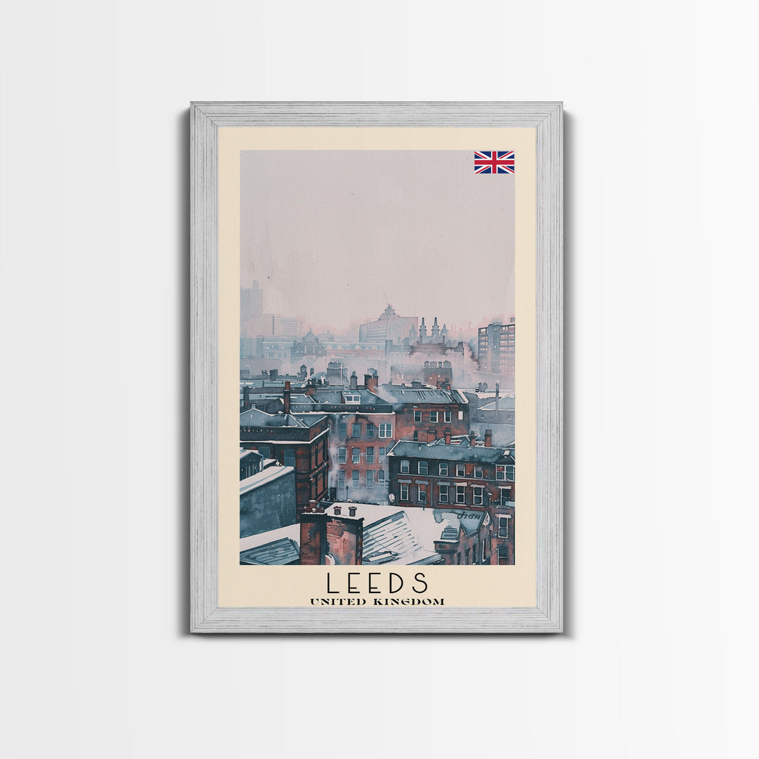Leeds United Kingdom Travel Poster Framed Canvas Print, Urban Cityscape, Watercolor Art, Wall Decoration, Travel Print, Unique Art Gift