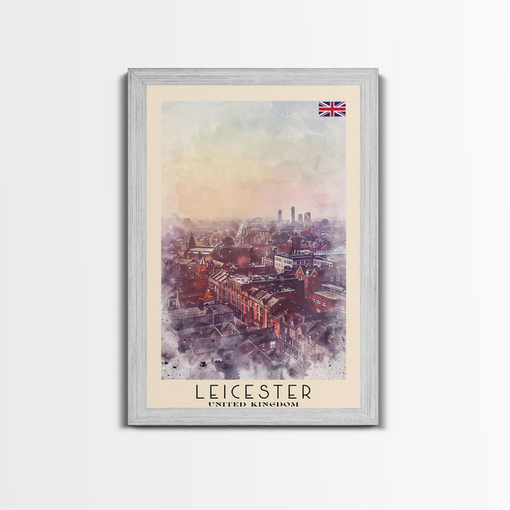 Leicester United Kingdom Travel Poster Framed Canvas Print, Historic Cityscape, Watercolor Art, Wall Decor, Home Decoration, Travel Print, Original Art