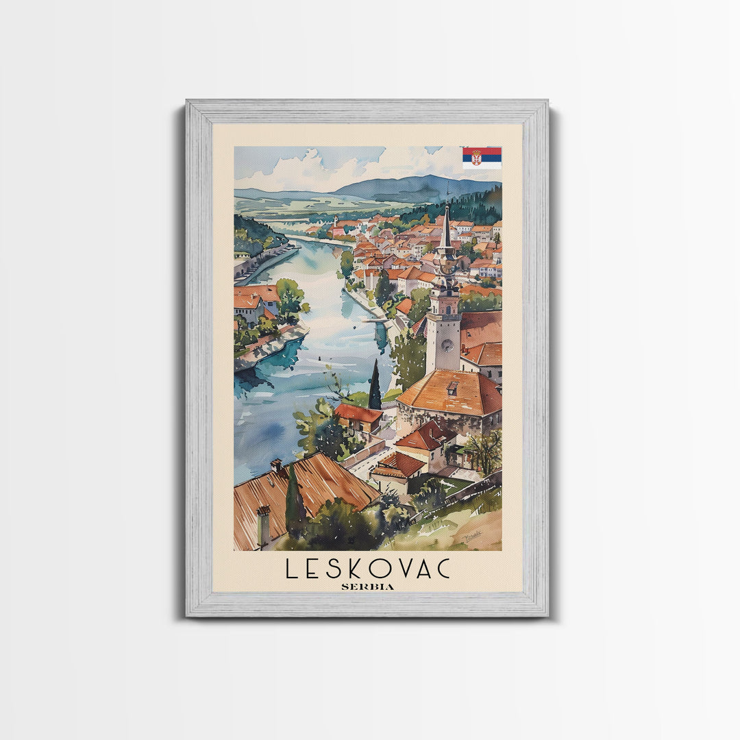 Leskovac Serbia Travel Poster Framed Canvas Print, Watercolor Cityscape, Wall Art, Home Decoration, Travel Print, Original Art, Artistic Gift