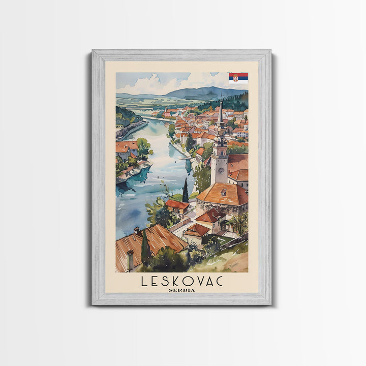 Leskovac Serbia Travel Poster Framed Canvas Print, Watercolor Cityscape, Wall Art, Home Decoration, Travel Print, Original Art, Artistic Gift