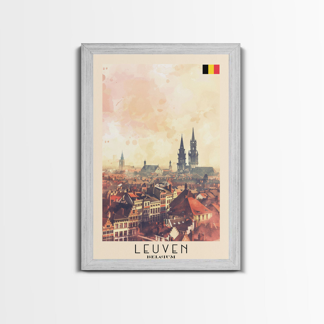 Leuven Belgium Travel Poster Framed Canvas Print, Historic Cityscape, Watercolor Art, Wall Decor, Home Decoration, Travel Print, Original Art