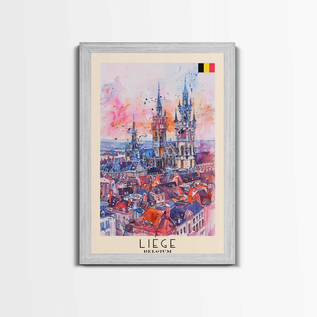 Liege Belgium Travel Poster Framed Canvas Print, Urban Landscape, Watercolor Art, Wall Decor, Home Decoration, Travel Print, Original Art