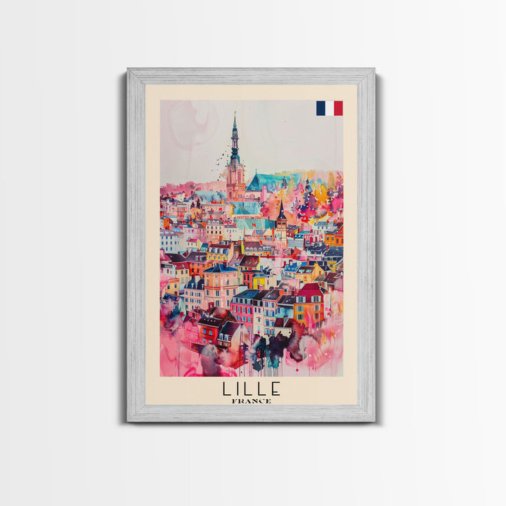 Lille France Travel Poster Framed Canvas Print, Historic Cityscape, Watercolor Painting, Wall Art, Home Decor, Travel Print, Artistic Gift