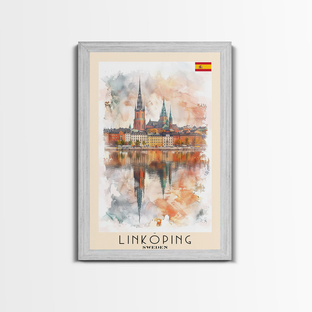 Linköping Sweden Travel Poster Framed Canvas Print, Urban Landscape, Watercolor Art, Wall Decor, Home Decoration, Travel Print, Original Art