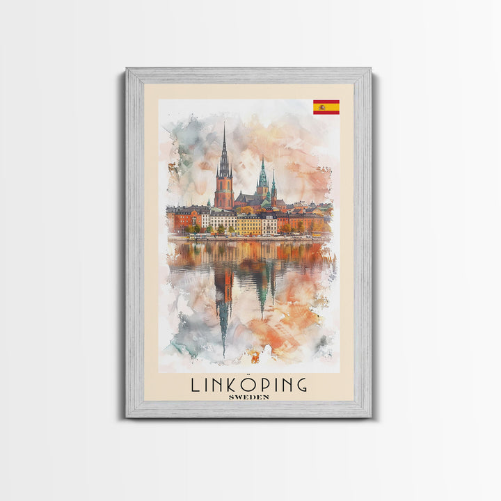 Linköping Sweden Travel Poster Framed Canvas Print, Urban Landscape, Watercolor Art, Wall Decor, Home Decoration, Travel Print, Original Art