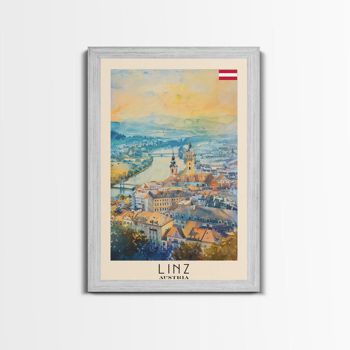 Linz Austria Travel Poster Framed Canvas Print, Scenic Landscape, Watercolor Painting, Wall Art, Home Decoration, Travel Print, Artistic Gift