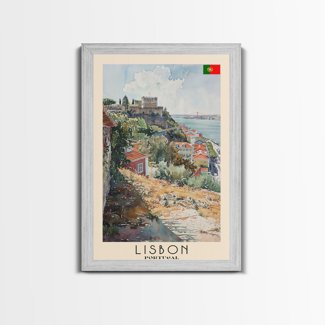 Lisbon Portugal Travel Poster Framed Canvas Print, Coastal Cityscape, Watercolor Painting, Wall Art, Home Decoration, Travel Print, Artistic Gift