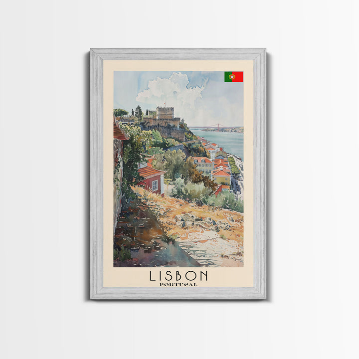 Lisbon Portugal Travel Poster Framed Canvas Print, Coastal Cityscape, Watercolor Painting, Wall Art, Home Decoration, Travel Print, Artistic Gift