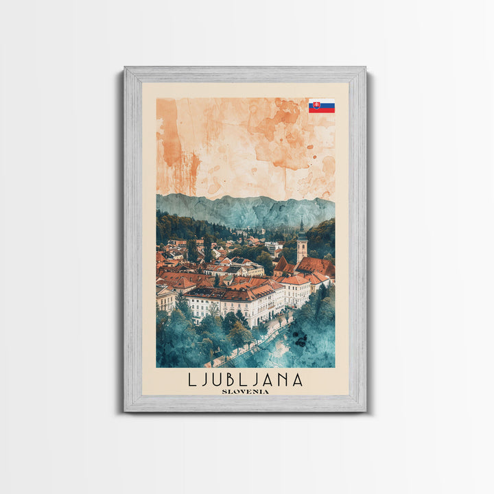 Ljubljana Slovenia Travel Poster Framed Canvas Print, Urban Landscape, Watercolor Art, Wall Decor, Home Decoration, Travel Print, Original Art