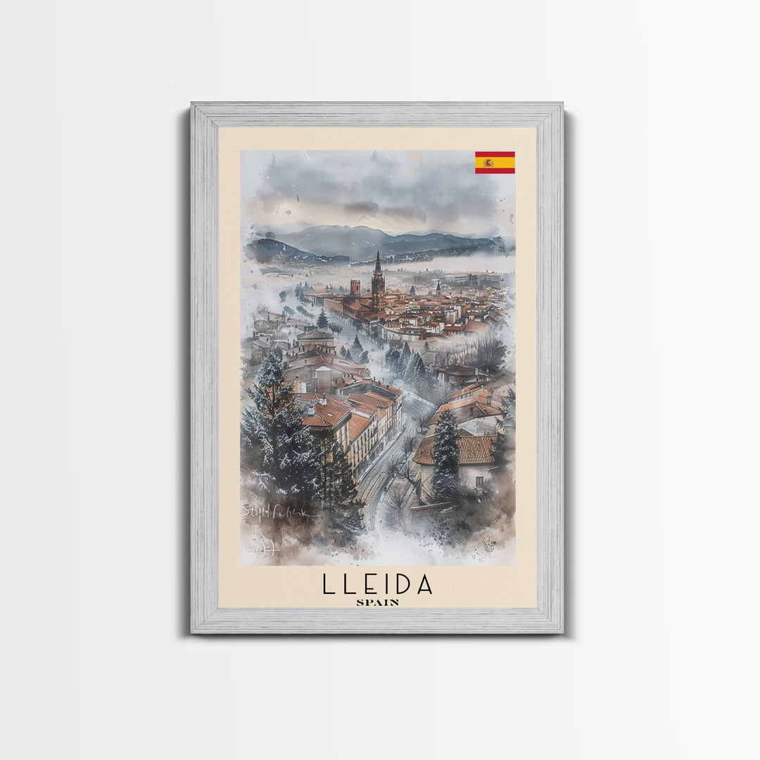 Lleida Spain Travel Poster Framed Canvas Print, Urban Landscape, Watercolor Art, Wall Decor, Home Decoration, Travel Print, Original Art