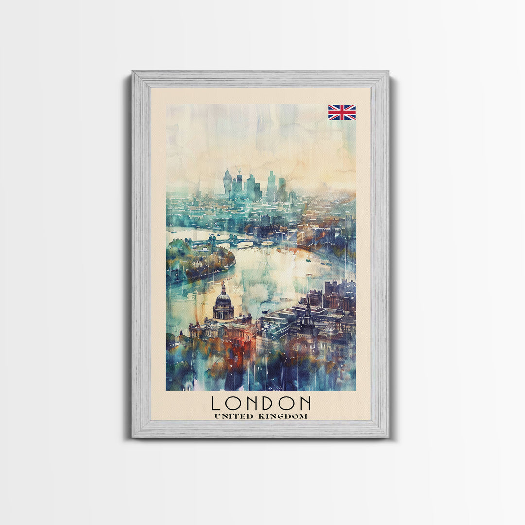 London United Kingdom Travel Poster Framed Canvas Print, Iconic Cityscape, Watercolor Art, Wall Decor, Home Decoration, Travel Print, Artistic Gift