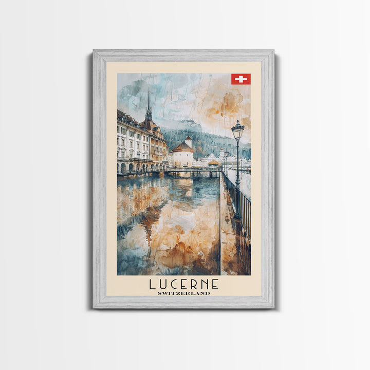 Lucerne Switzerland Travel Poster Framed Canvas Print, Scenic Landscape, Watercolor Art, Wall Decoration, Home Decor, Travel Print, Original Painting