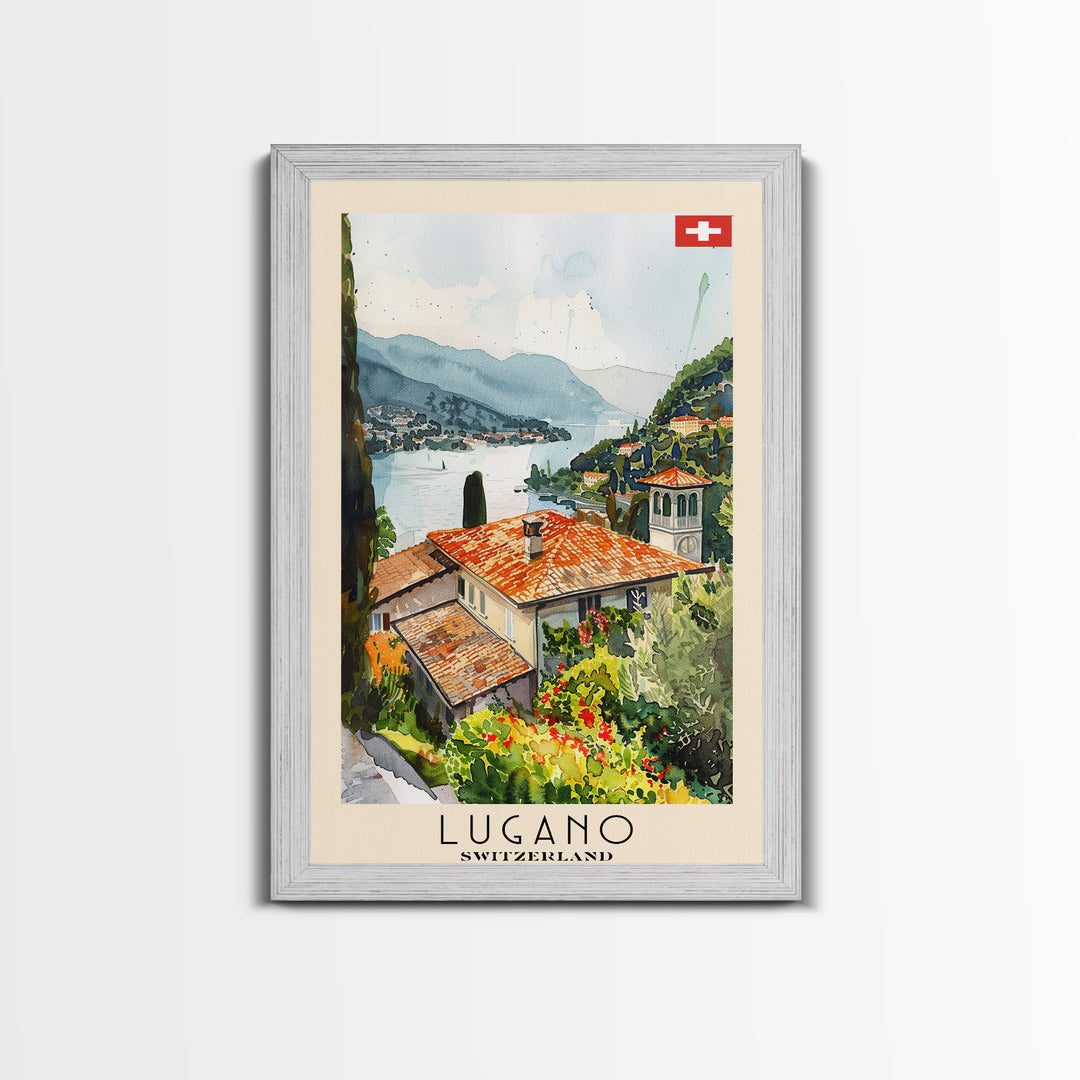 Lugano Switzerland Travel Poster Framed Canvas Print, Lakeside Cityscape, Watercolor Painting, Wall Art, Home Decoration, Travel Print, Artistic Gift