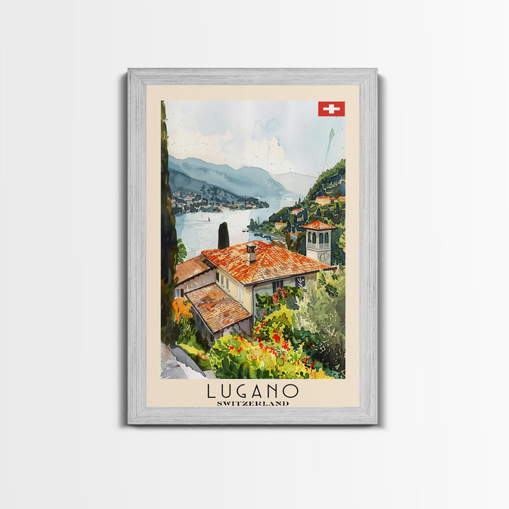 Lugano Switzerland Travel Poster Framed Canvas Print, Lakeside Cityscape, Watercolor Painting, Wall Art, Home Decoration, Travel Print, Artistic Gift