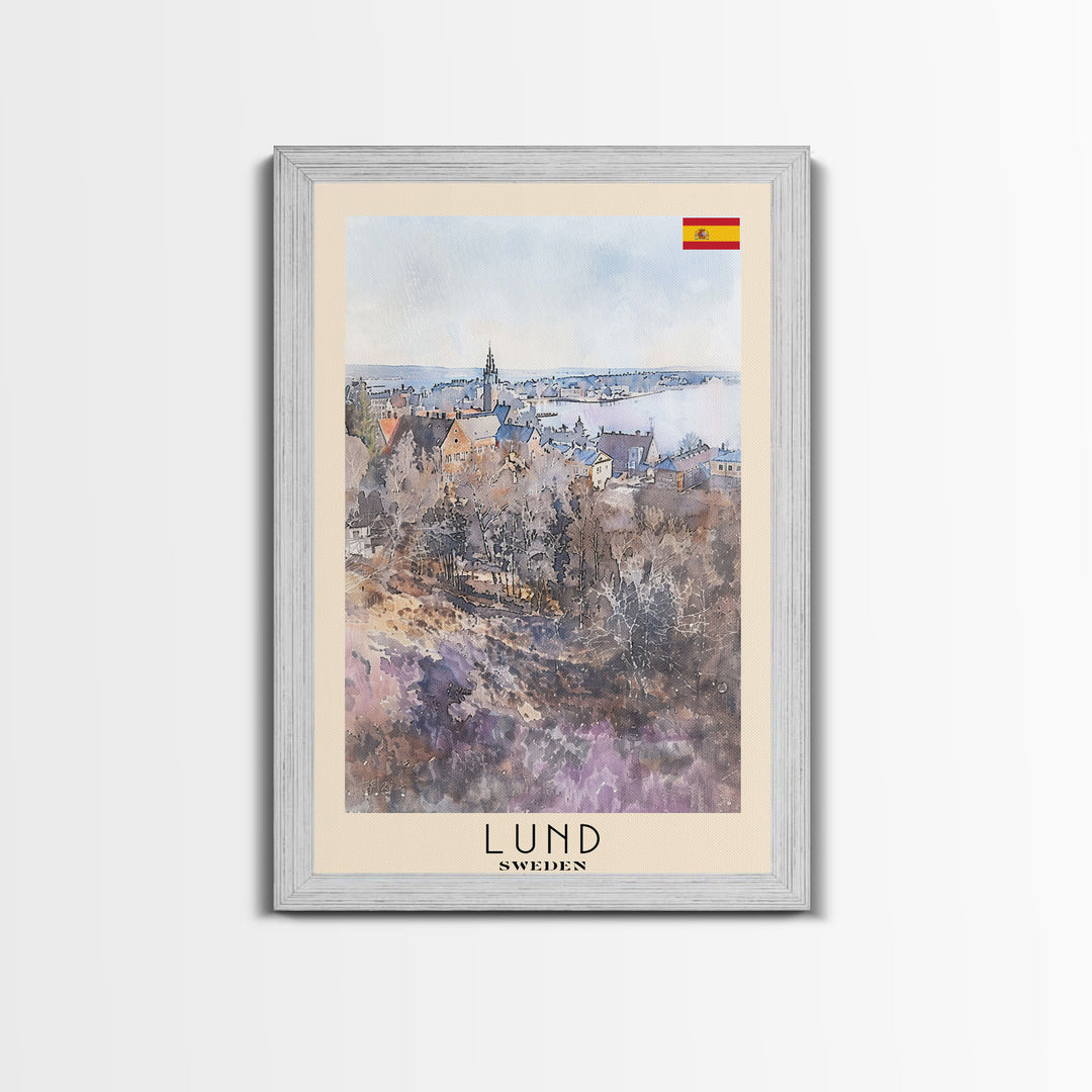 Lund Sweden Travel Poster Framed Canvas Print, Historic Cityscape, Watercolor Art, Wall Decor, Home Decoration, Travel Print, Original Art