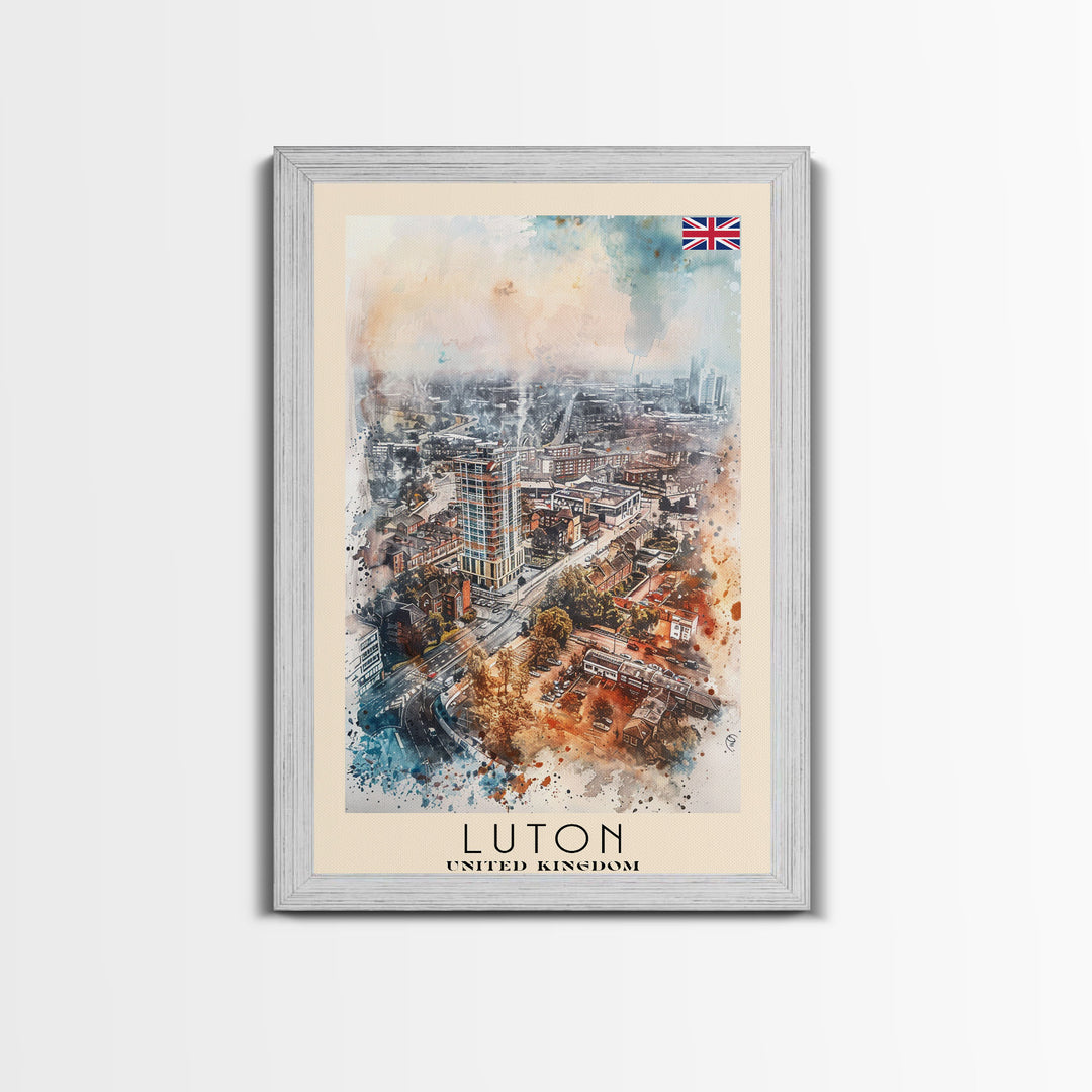 Luton United Kingdom Travel Poster Framed Canvas Print, Vibrant Cityscape, Urban Art, Wall Decor, Interior Design, Travel Print, Unique Art