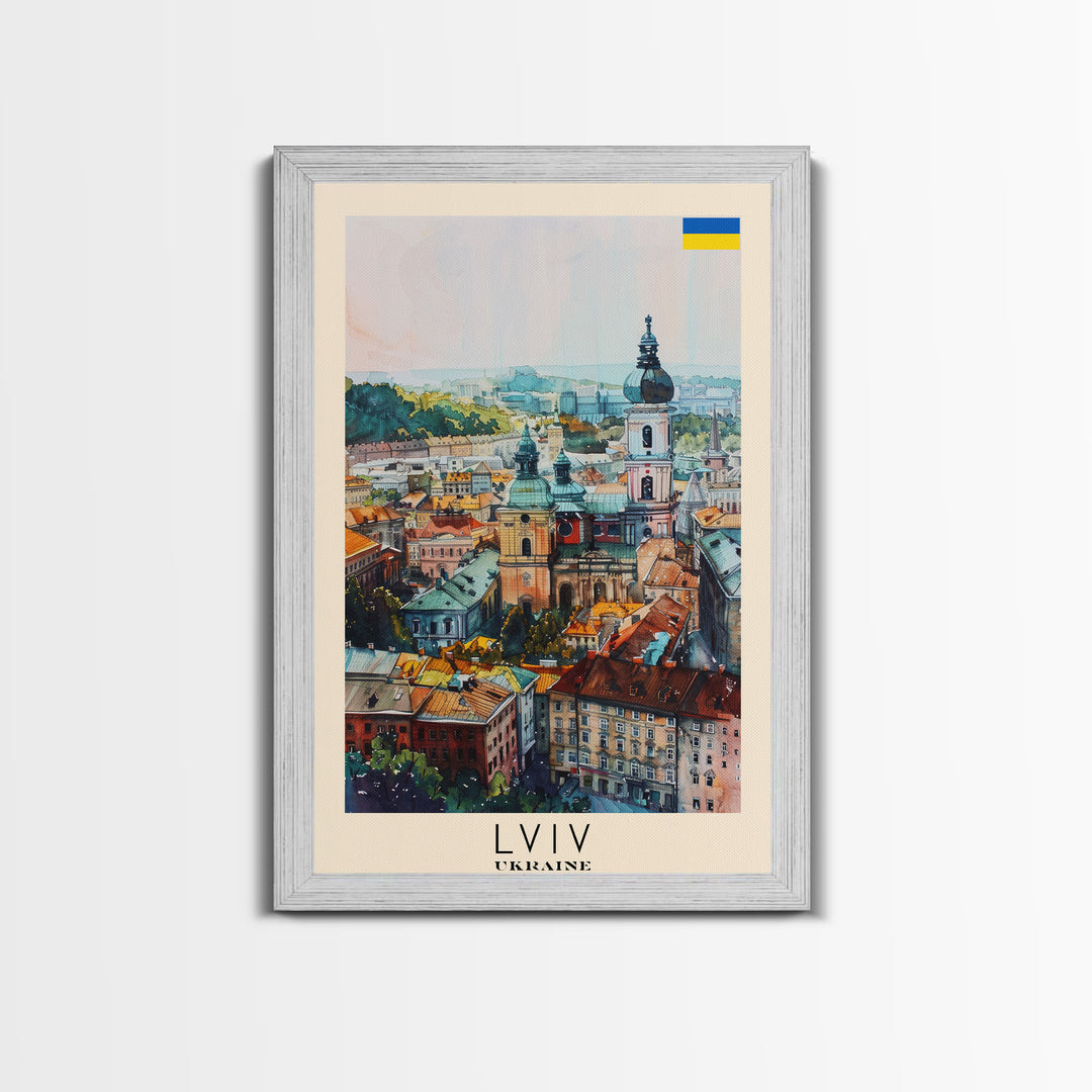 Lviv Ukraine Travel Poster Framed Canvas Print, Colorful Cityscape, Urban Wall Art, Home Decoration, Travel Print, Original Painting