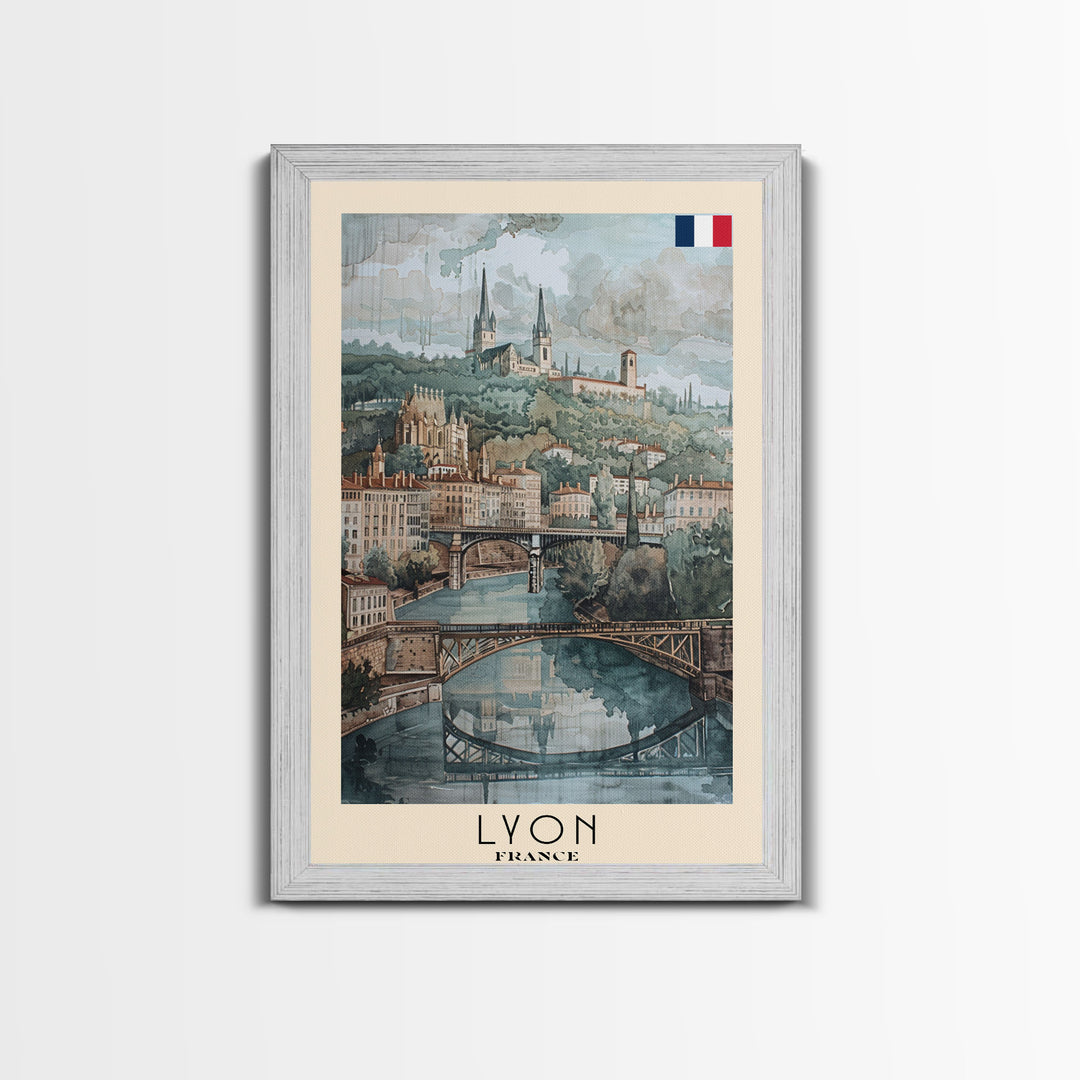 Lyon France Travel Poster Framed Canvas Print, Historic Cityscape, Watercolor Art, Wall Hanging, Home Decor, Travel Print, Art Collectible