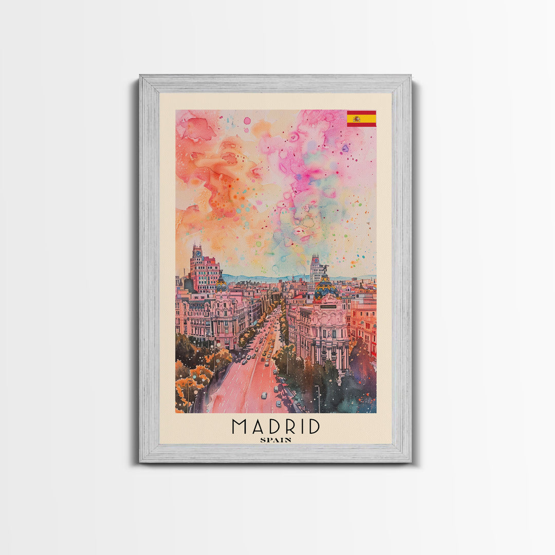 Madrid Spain Travel Poster Framed Canvas Print, Iconic Cityscape, Urban Art, Wall Decor, Home Decoration, Travel Print, Original Artwork
