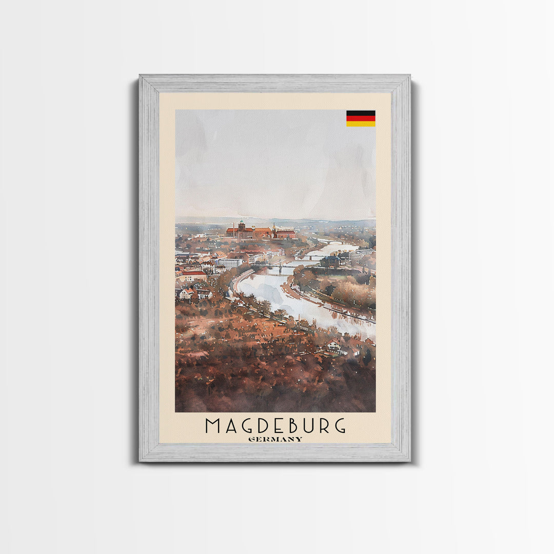 Magdeburg Germany Travel Poster Framed Canvas Print, Historic Landmarks, Watercolor Art, Wall Decor, Home Interior, Travel Print, Artistic Gift
