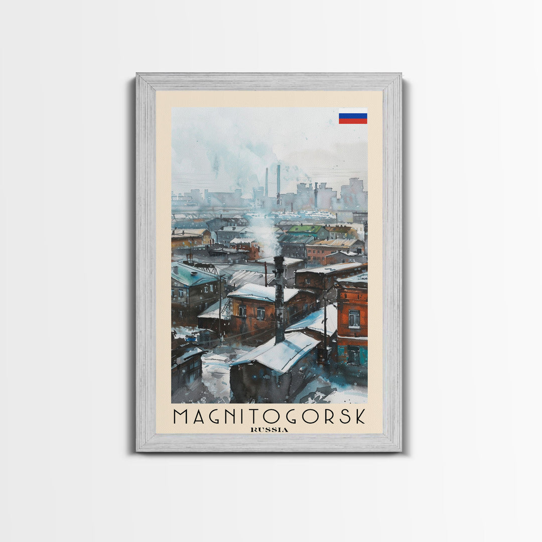Magnitogorsk Russia Travel Poster Framed Canvas Print, Industrial Cityscape, Watercolor Painting, Wall Art, Home Decor, Travel Print, Original Piece