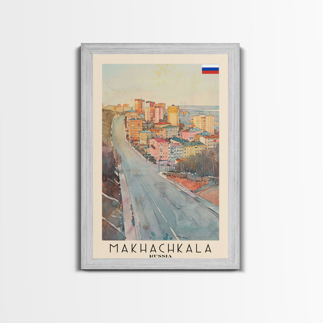 Makhachkala Russia Travel Poster Framed Canvas Print, Coastal Cityscape, Watercolor Art, Wall Hanging, Home Decor, Travel Print, Artistic Gift