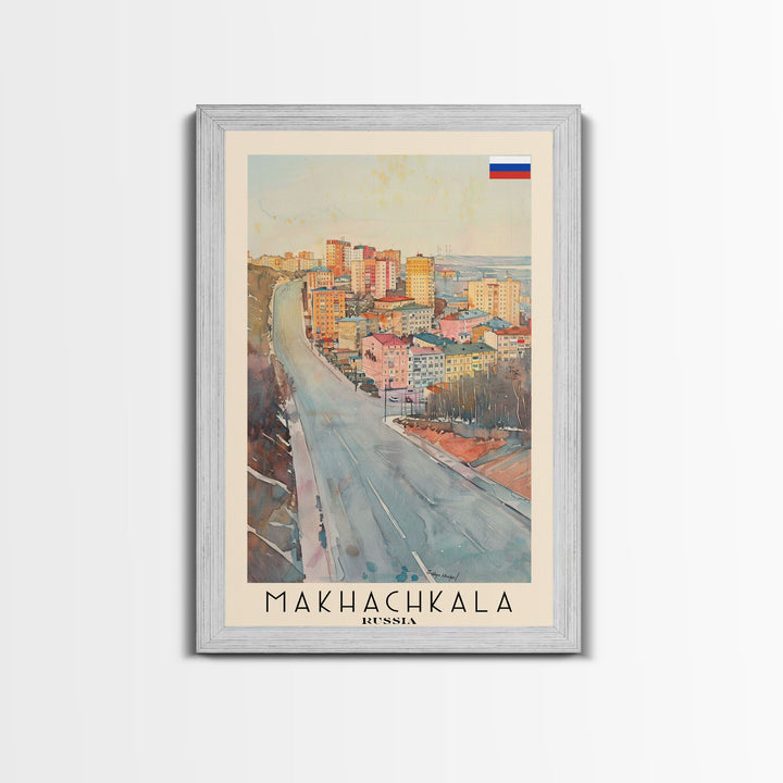 Makhachkala Russia Travel Poster Framed Canvas Print, Coastal Cityscape, Watercolor Art, Wall Hanging, Home Decor, Travel Print, Artistic Gift
