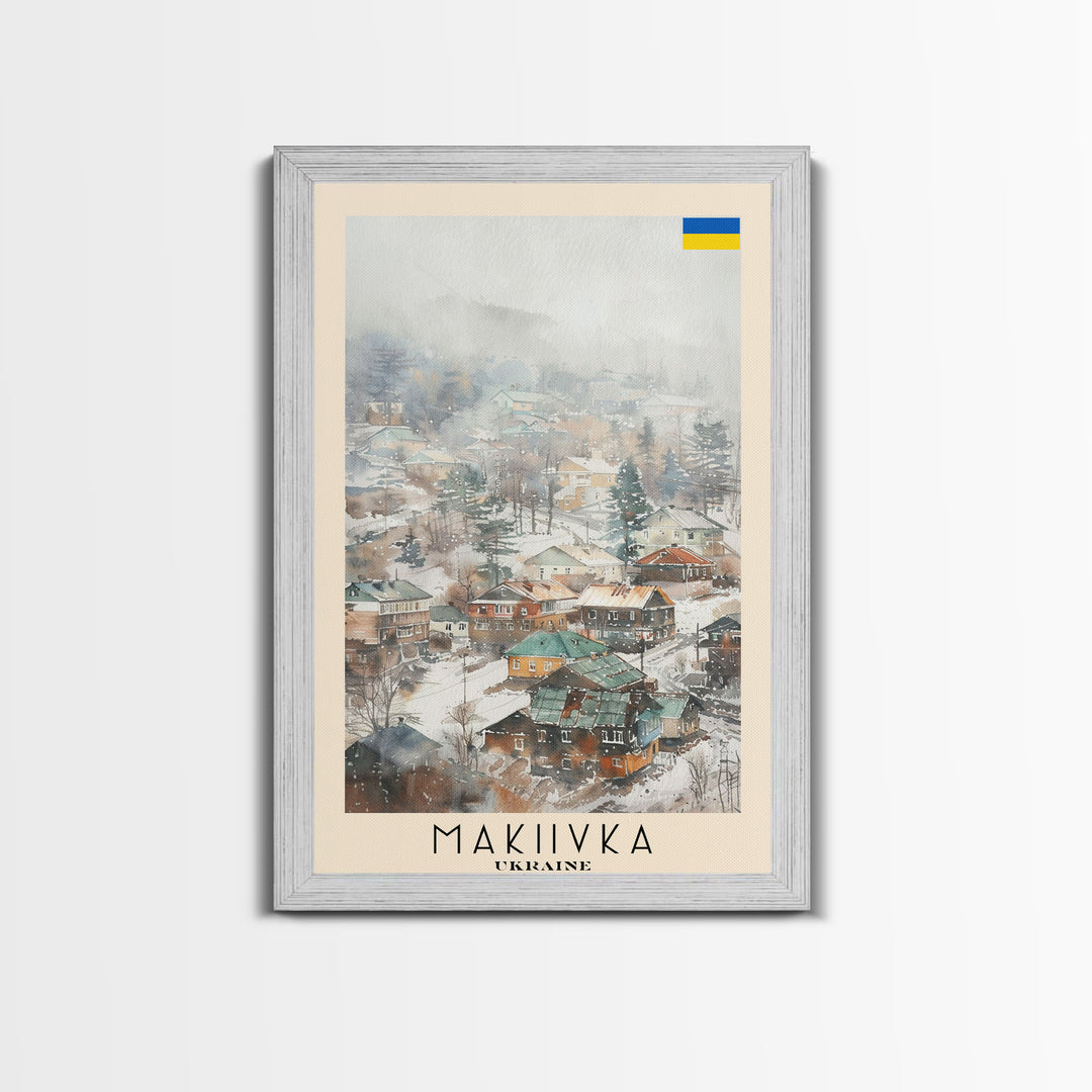 Makiivka Ukraine Travel Poster Framed Canvas Print, Urban Landscape, Watercolor Painting, Wall Art, Home Decoration, Travel Print, Unique Art