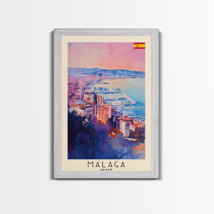 Malaga Spain Travel Poster Framed Canvas Print, Vibrant Coastline, Watercolor Art, Wall Decoration, Interior Decor, Travel Print, Unique Artwork