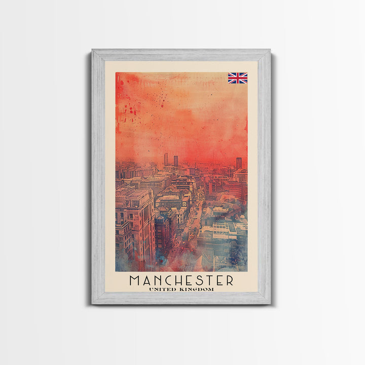 Manchester United Kingdom Travel Poster Framed Canvas Print, Iconic Landmarks, Watercolor Painting, Wall Decor, Interior Art, Travel Print, Artistic Gift