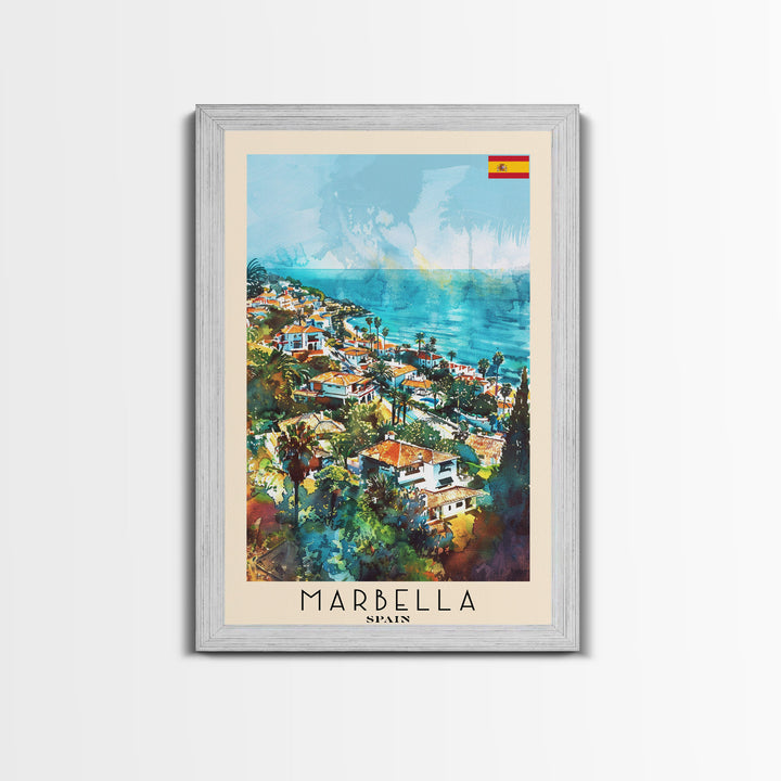 Marbella Spain Travel Poster Framed Canvas Print, Coastal Cityscape, Watercolor Painting, Wall Decor, Home Decoration, Travel Print, Artistic Piece