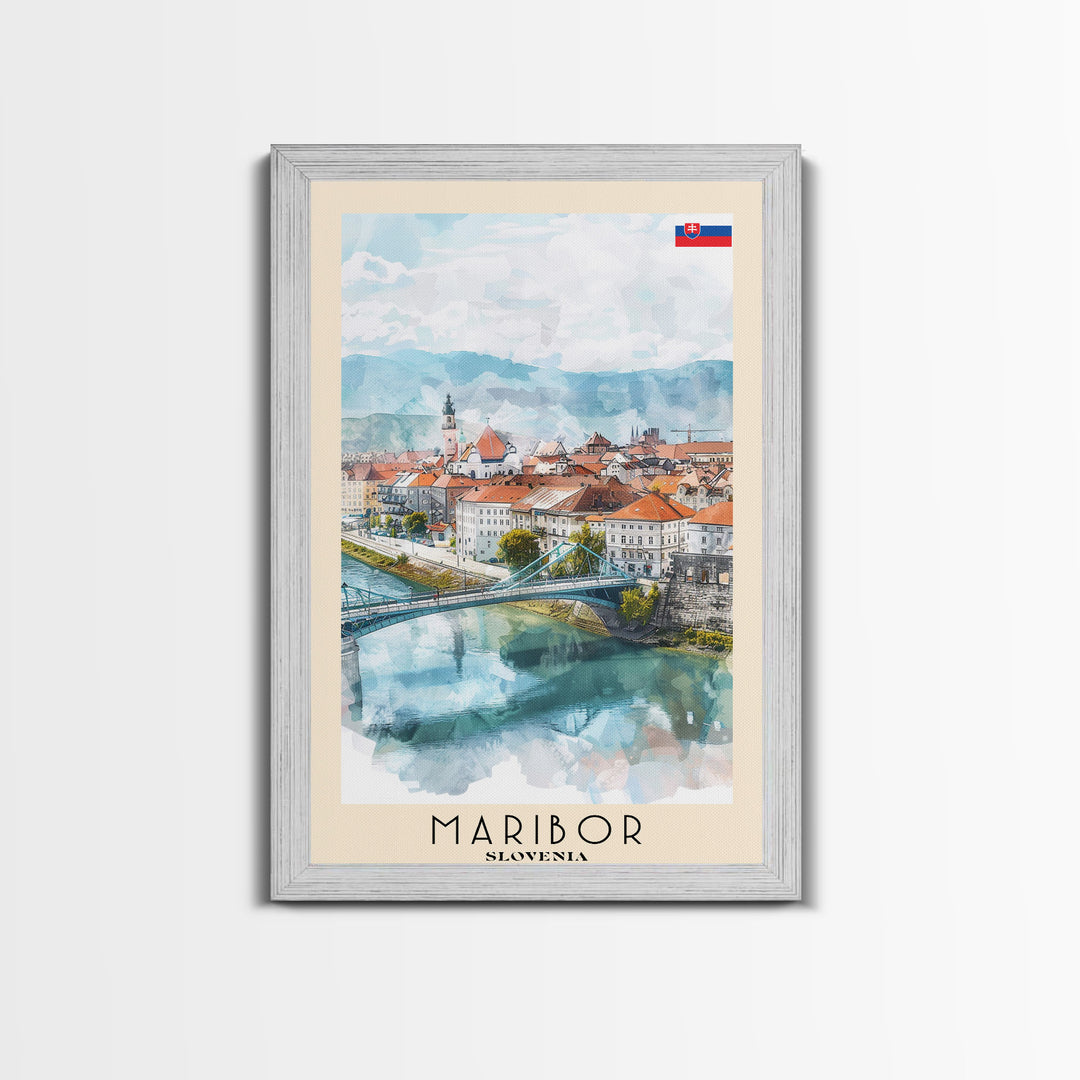 Maribor Slovenia Travel Poster Framed Canvas Print, Urban Landscape, Watercolor Art, Wall Hanging, Home Decor, Travel Print, Original Art
