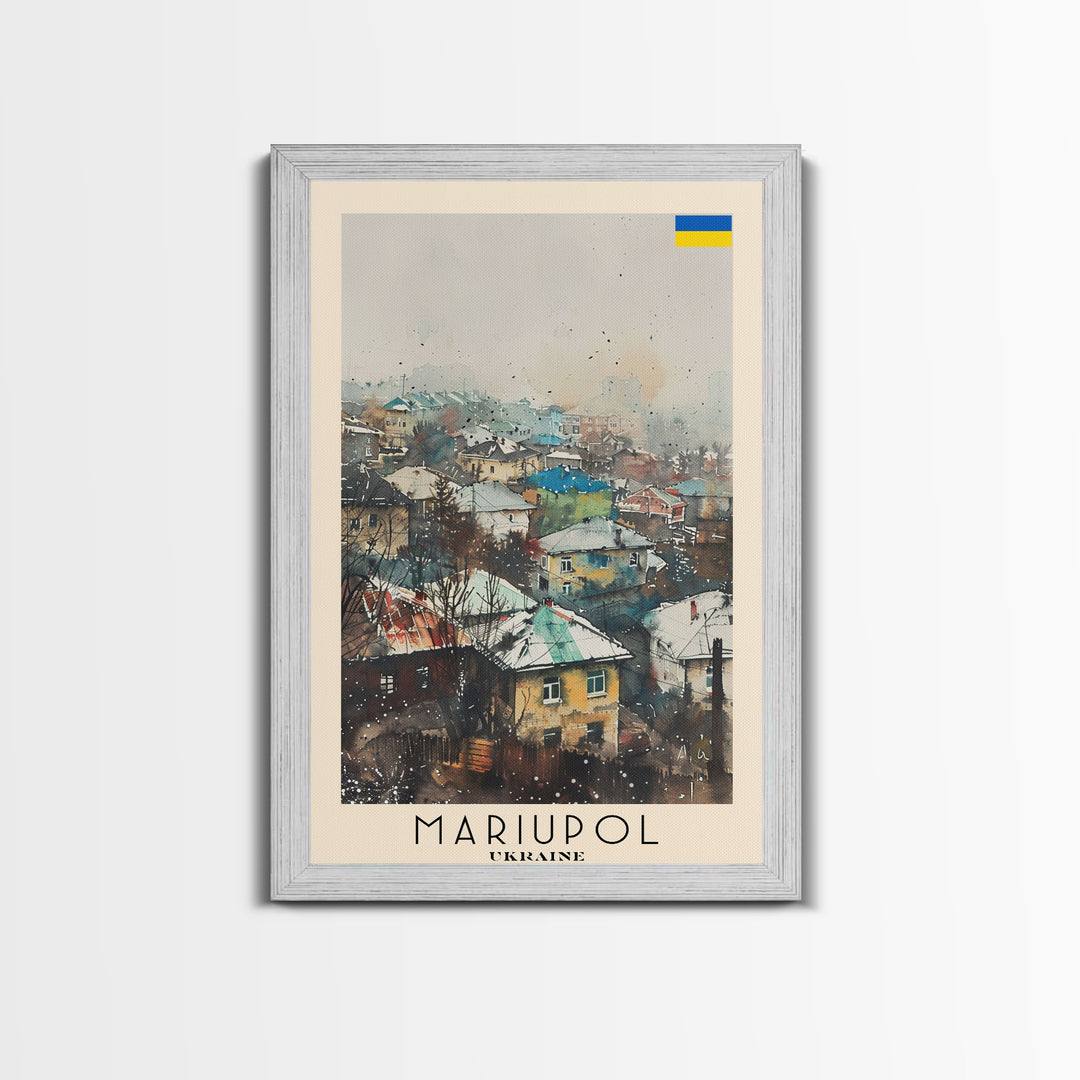 Mariupol Ukraine Travel Poster Framed Canvas Print, Scenic Cityscape, Watercolor Painting, Wall Decor, Interior Design, Travel Print, Unique Artwork