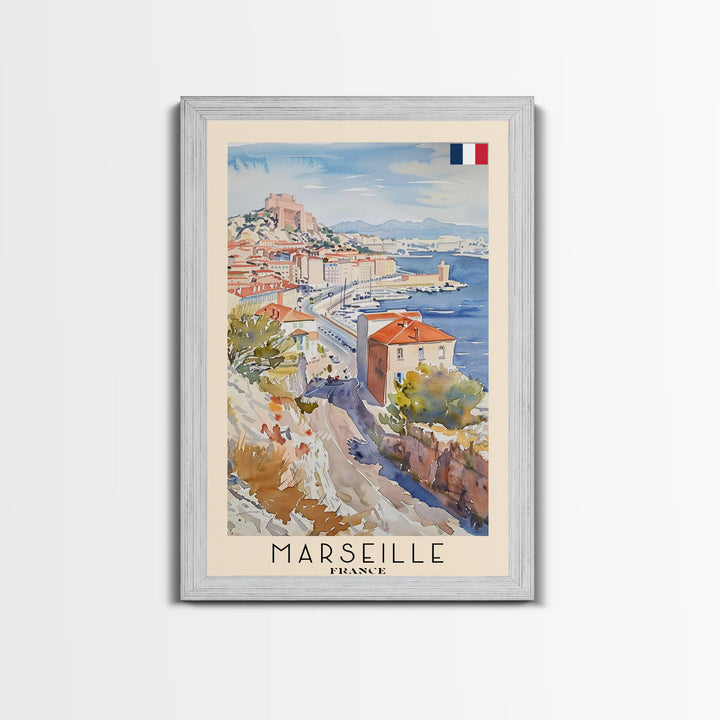 Marseille France Travel Poster Framed Canvas Print, Vibrant Cityscape, Watercolor Art, Wall Hanging, Home Decoration, Travel Print, Artistic Gift