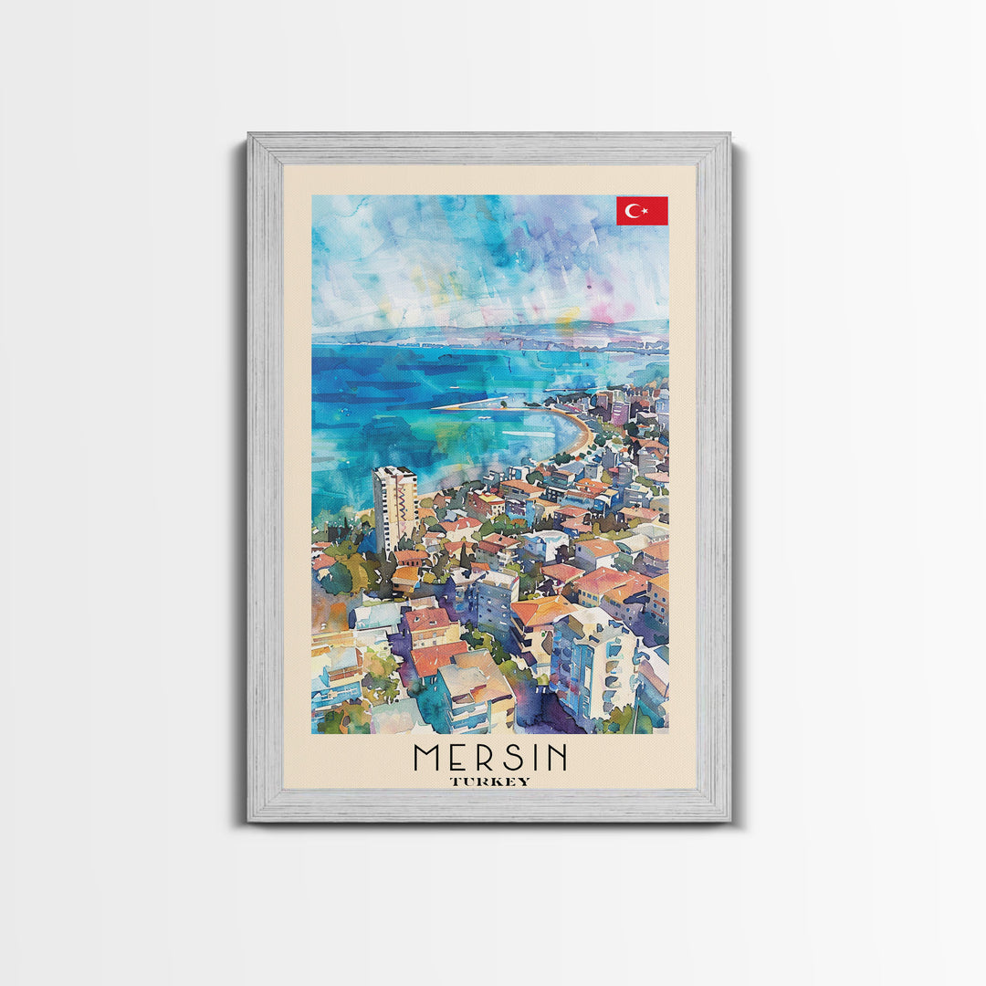 Mersin Turkey Travel Poster Framed Canvas Print, Coastal Landscape, Watercolor Art, Wall Decoration, Interior Design, Travel Print, Original Painting