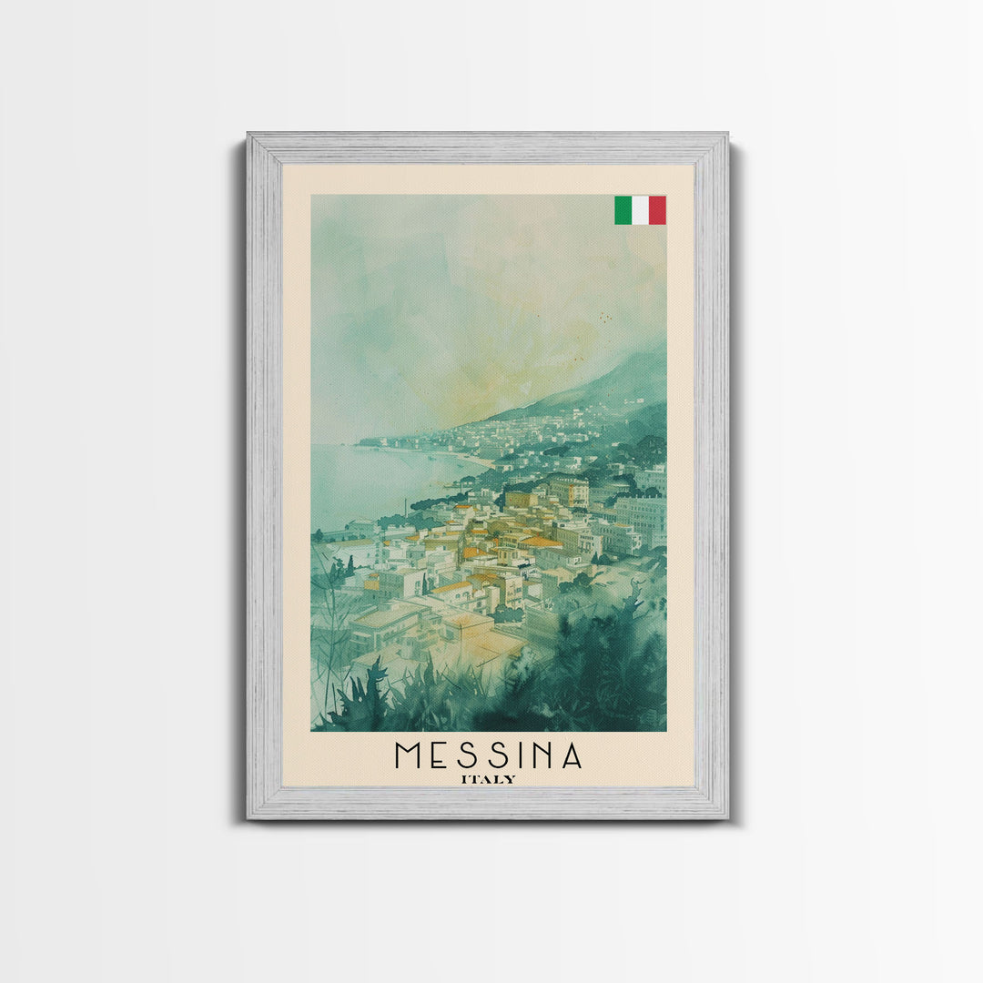 Messina Italy Travel Poster Framed Canvas Print, Urban Coastal Cityscape, Watercolor Art, Wall Decor, Home Decoration, Travel Print, Unique Art