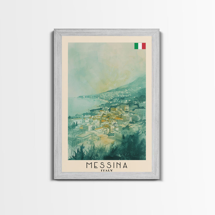 Messina Italy Travel Poster Framed Canvas Print, Urban Coastal Cityscape, Watercolor Art, Wall Decor, Home Decoration, Travel Print, Unique Art