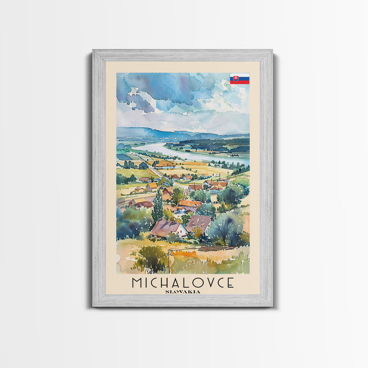 Michalovce Slovakia Travel Poster Framed Canvas Print, Scenic Landscape, Watercolor Painting, Wall Art, Home Decor, Travel Print, Original Piece