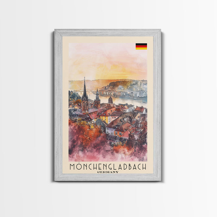 Mönchengladbach Germany Travel Poster Framed Canvas Print, Modern Cityscape, Watercolor Art, Wall Decoration, Interior Decor, Travel Print, Unique Artwork