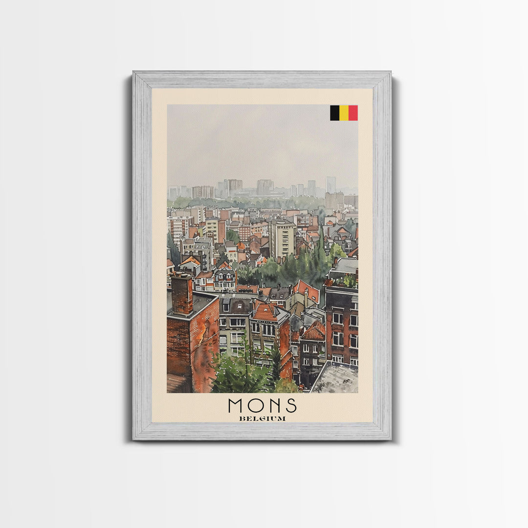 Mons Belgium Travel Poster Framed Canvas Print, Scenic Urban Landscape, Watercolor Painting, Wall Art, Home Decor, Travel Print, Original Painting