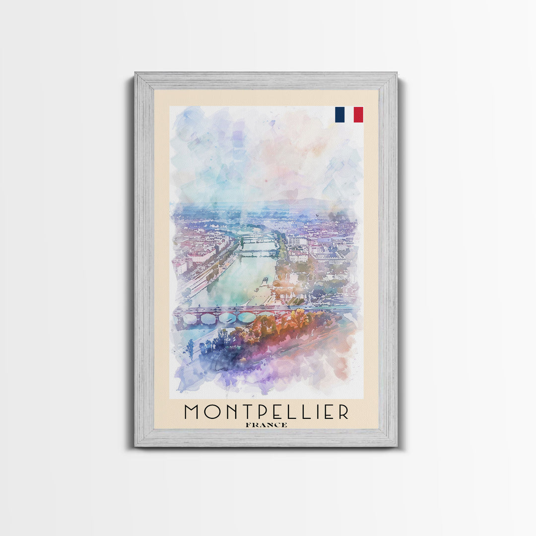 Montpellier France Travel Poster Framed Canvas Print, Vibrant Cityscape, Watercolor Art, Wall Decor, Interior Design, Travel Print, Unique Artwork