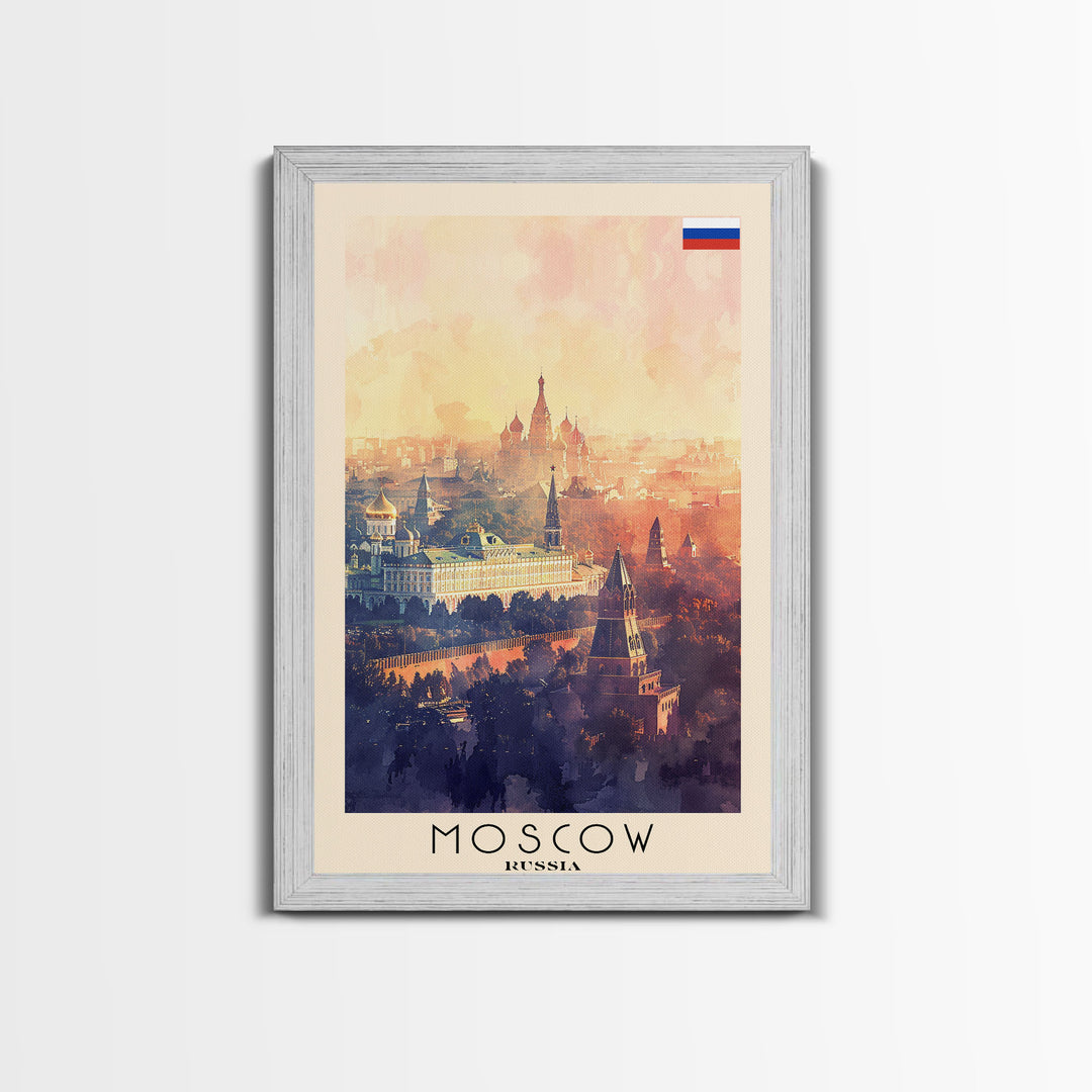 Moscow Russia Travel Poster Framed Canvas Print, Historic Landmarks, Watercolor Painting, Wall Art, Home Decor, Travel Print, Artistic Gift