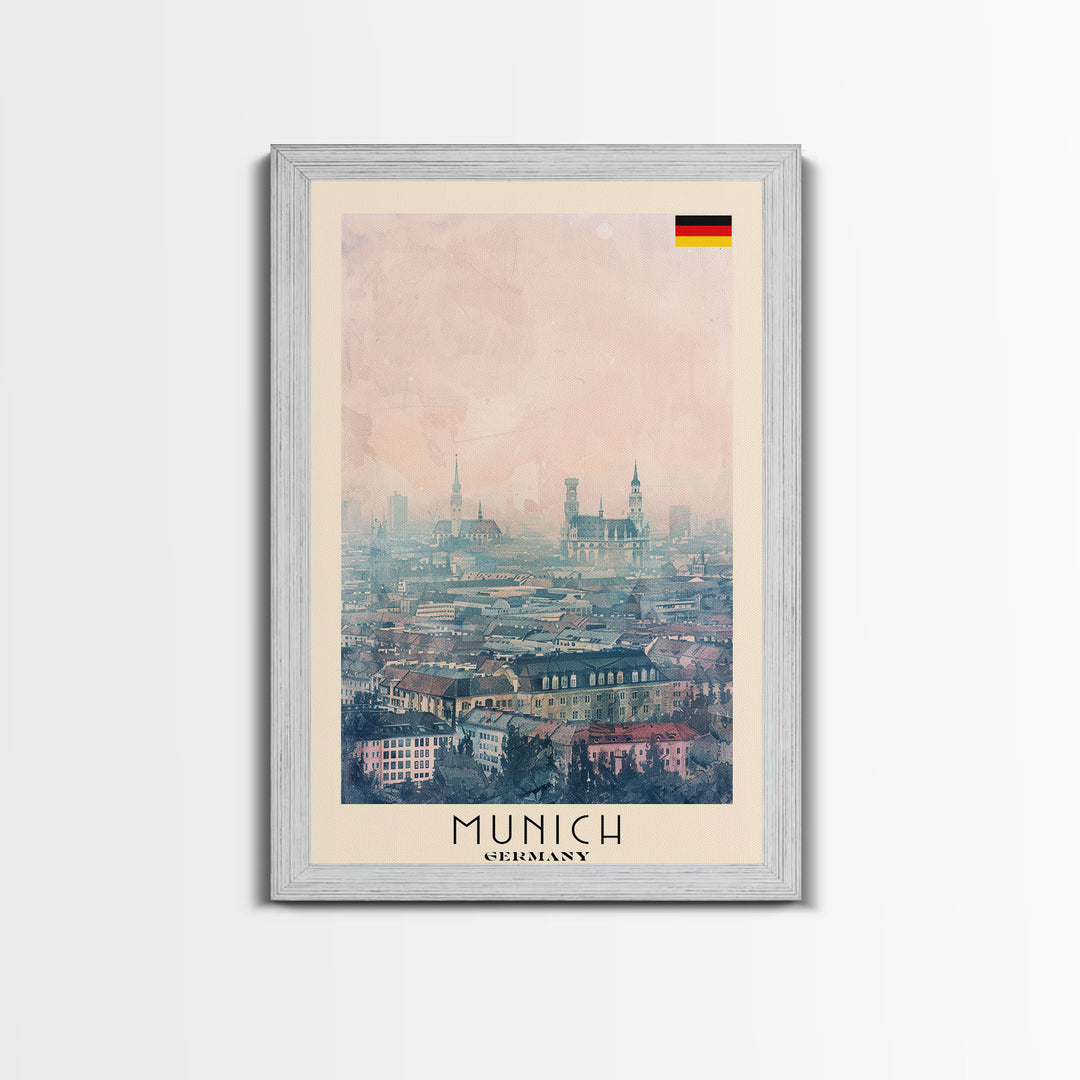 Munich Germany Travel Poster Framed Canvas Print, Iconic Cityscape, Watercolor Art, Wall Decoration, Home Decor, Travel Print, Artistic Piece