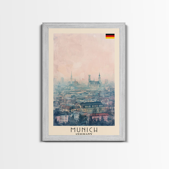 Munich Germany Travel Poster Framed Canvas Print, Iconic Cityscape, Watercolor Art, Wall Decoration, Home Decor, Travel Print, Artistic Piece