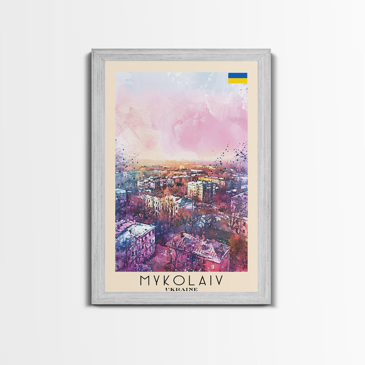 Mykolaiv Ukraine Travel Poster Framed Canvas Print, Urban Landscape, Watercolor Art, Wall Decor, Interior Decoration, Travel Print, Original Artwork