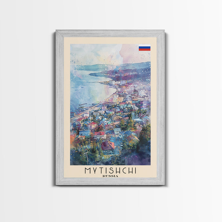 Mytishchi Russia Travel Poster Framed Canvas Print, Vibrant Cityscape, Watercolor Art, Wall Hanging, Home Decor, Travel Print, Unique Piece