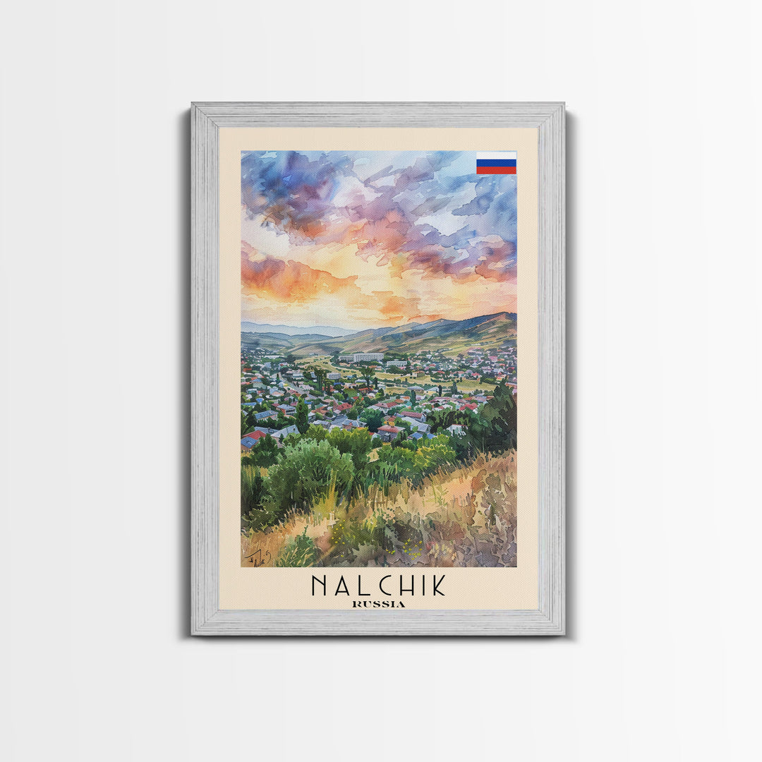 Nalchik Russia Travel Poster Framed Canvas Print, Sunset Watercolor Painting, Scenic Art, Vacation Wall Art, Living Room Decor, Unique Art