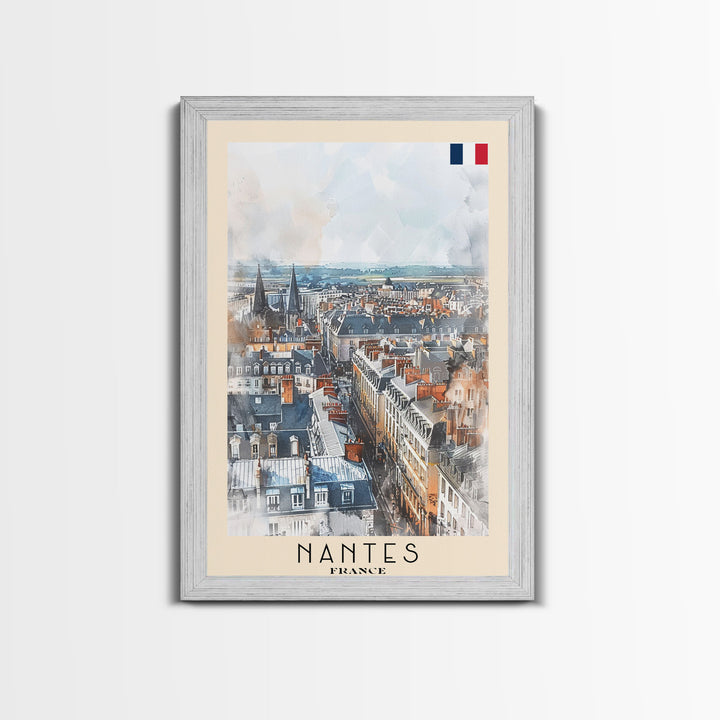 Nantes France Travel Poster Framed Canvas Print, Cityscape Watercolor Painting, Wall Art, Home Decor, Vacation Art, Urban Art, Unique Art
