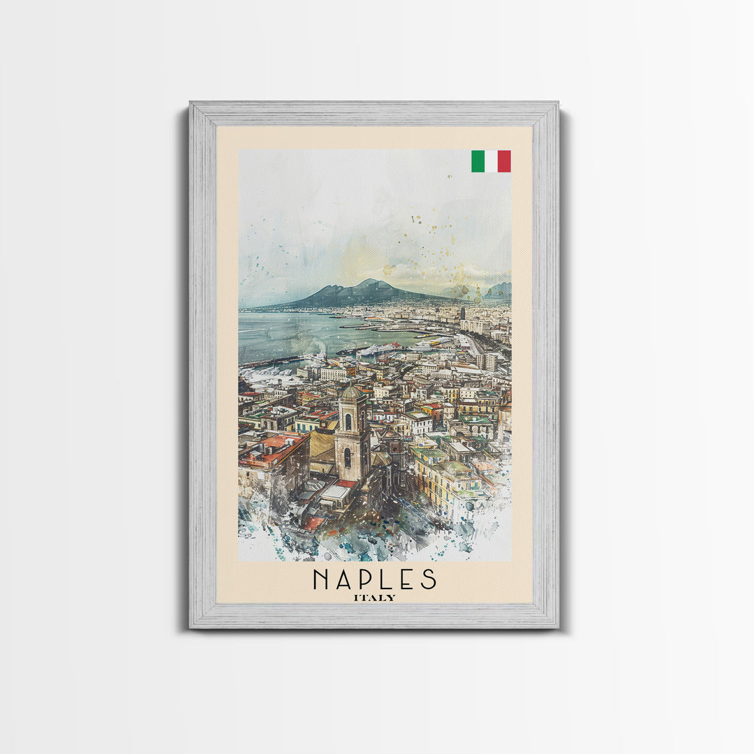 Naples Italy Framed Canvas Print, Scenic Travel Poster, Watercolor Painting, Coastal Wall Art, Home Decor, Vacation Art, Unique Art