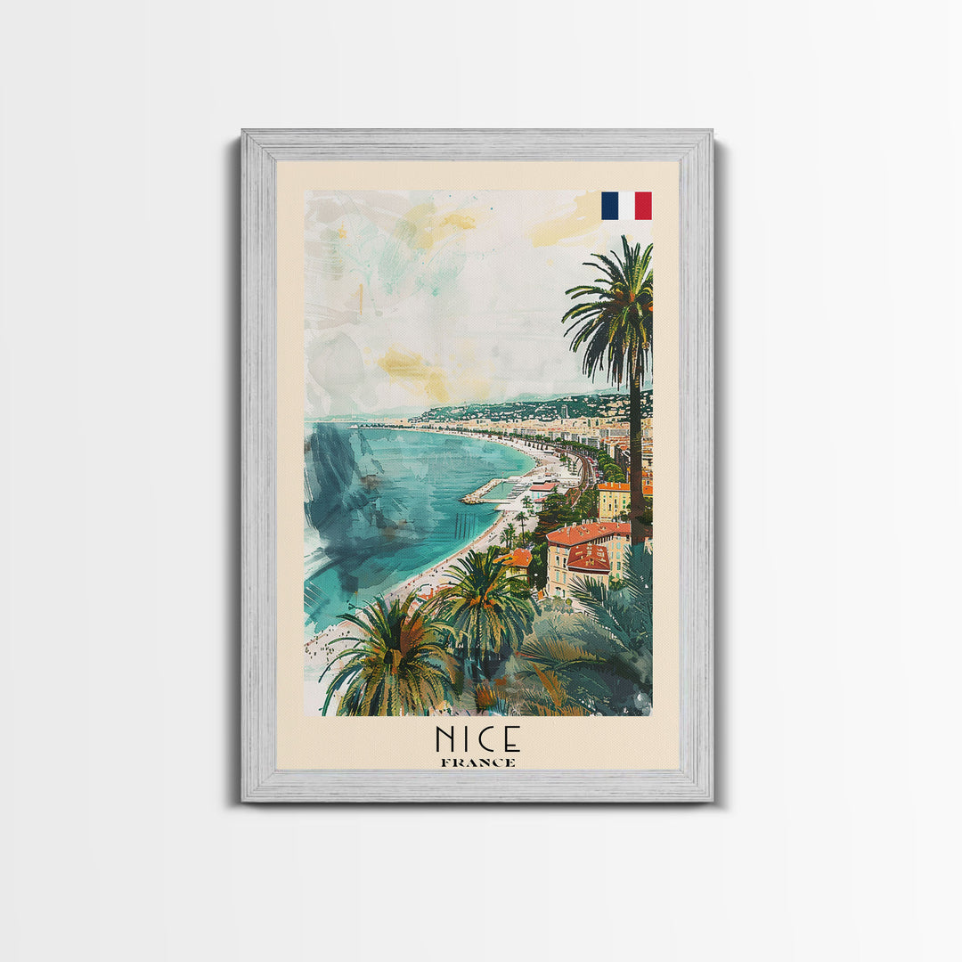 Nice France Travel Poster Framed Canvas Print, Coastal Watercolor Painting, Scenic Wall Art, Home Decor, Vacation Art, Unique Art